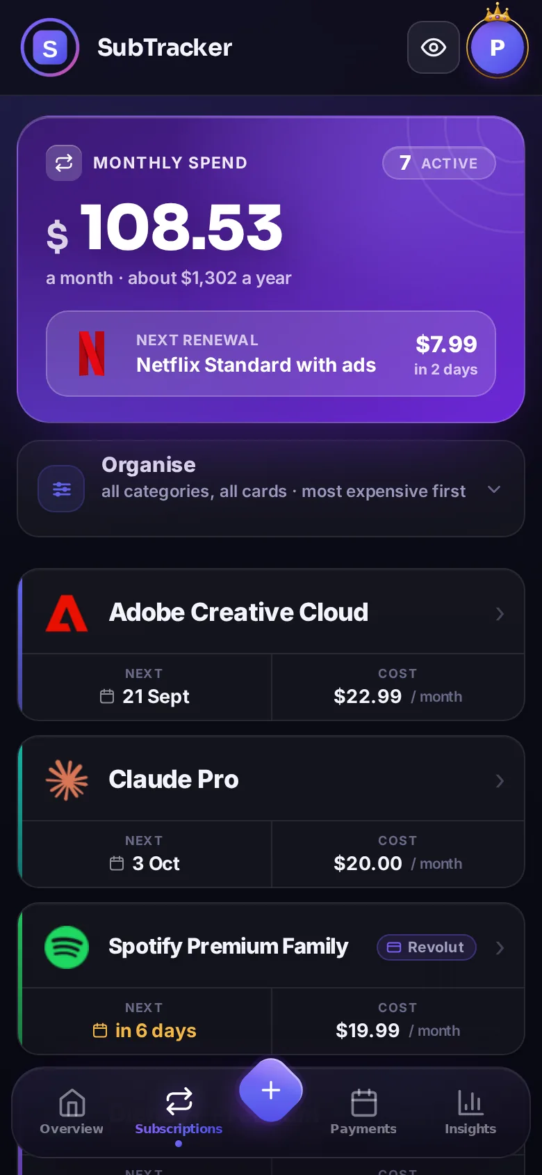 Subscriptions screen with monthly spend and the list of services