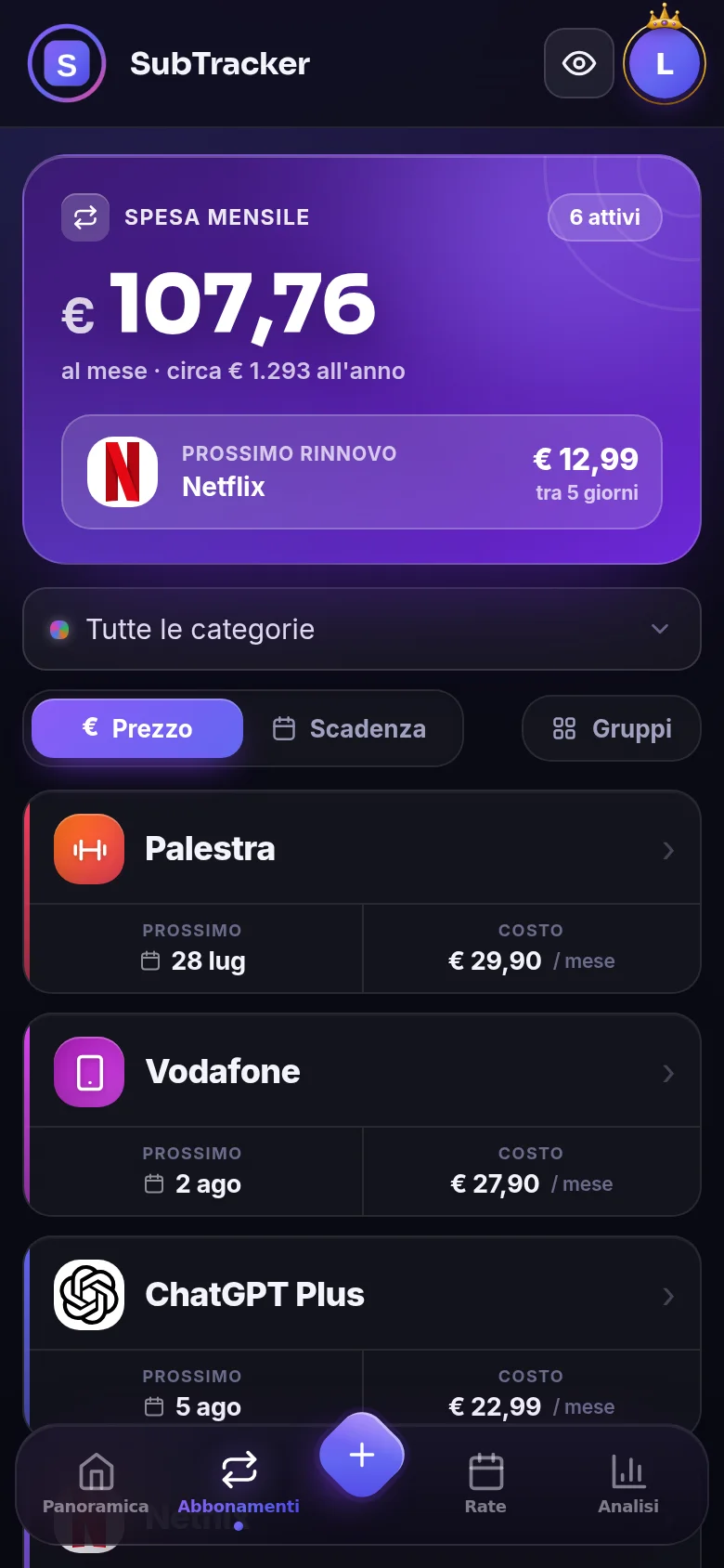 Schermata Abbonamenti con spesa mensile e lista dei servizi