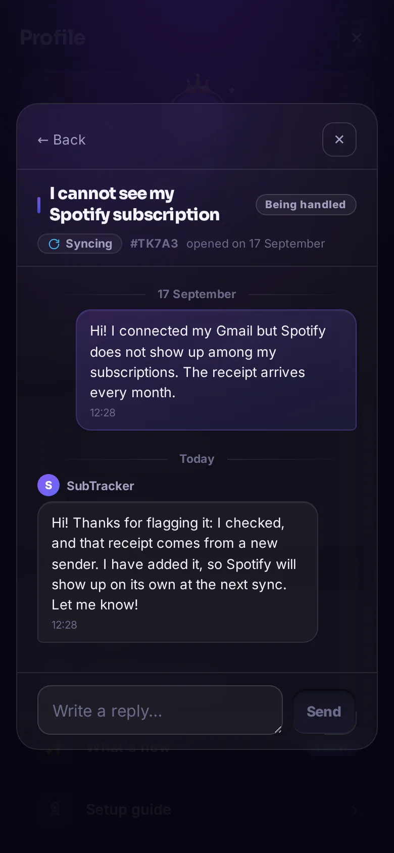 A support request answered by the team inside the app