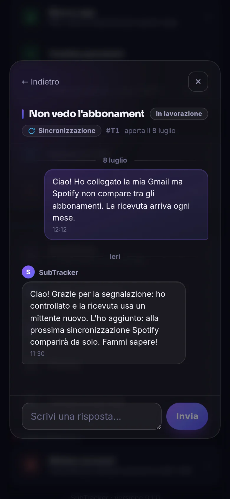 Richiesta di assistenza con risposta del team dentro l'app
