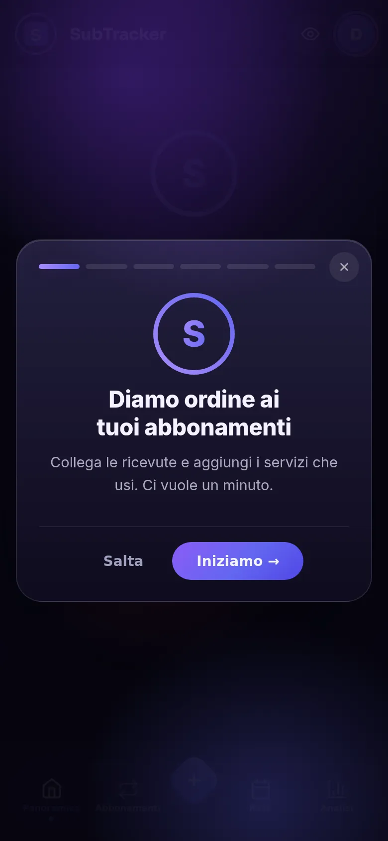 La configurazione guidata al primo avvio di SubTracker
