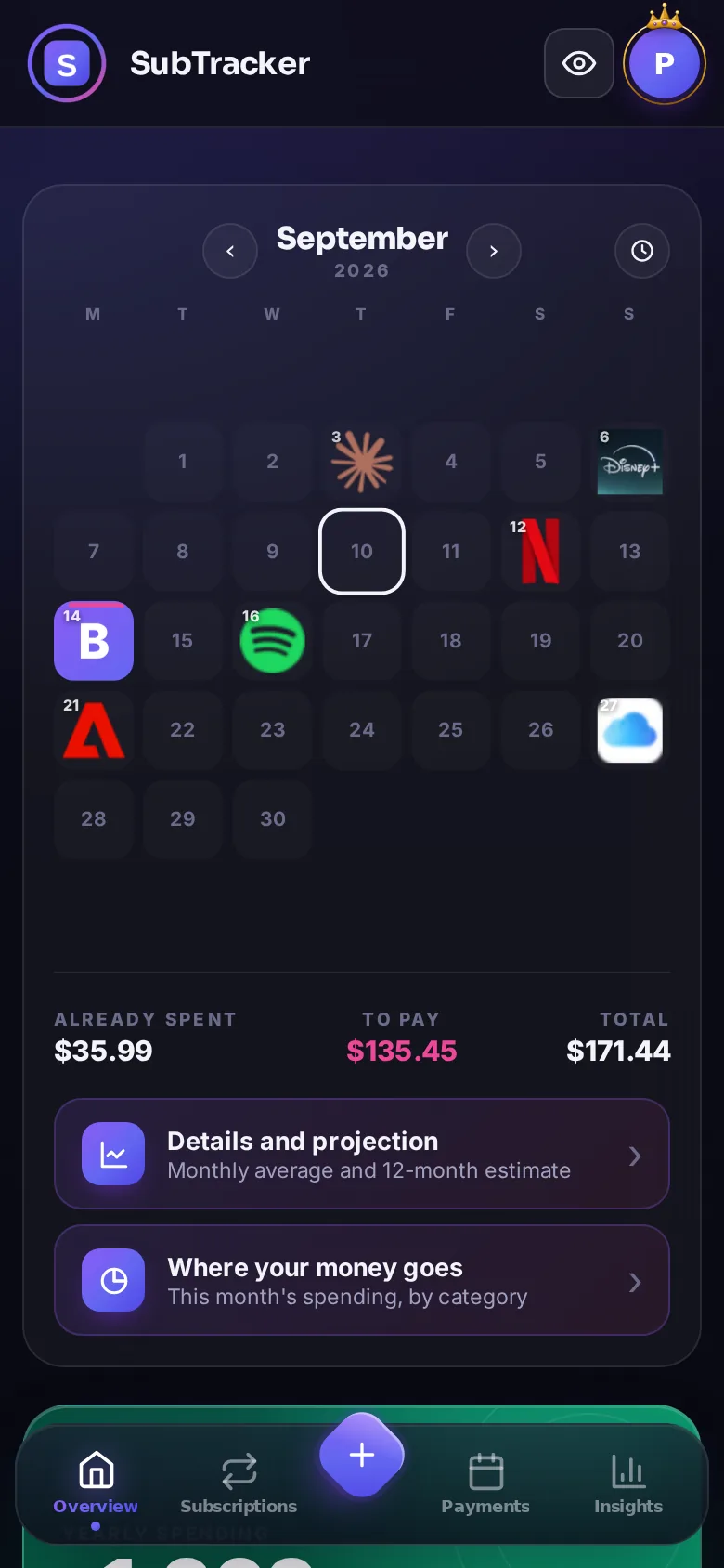 Overview screen: the month as a calendar with the service marks