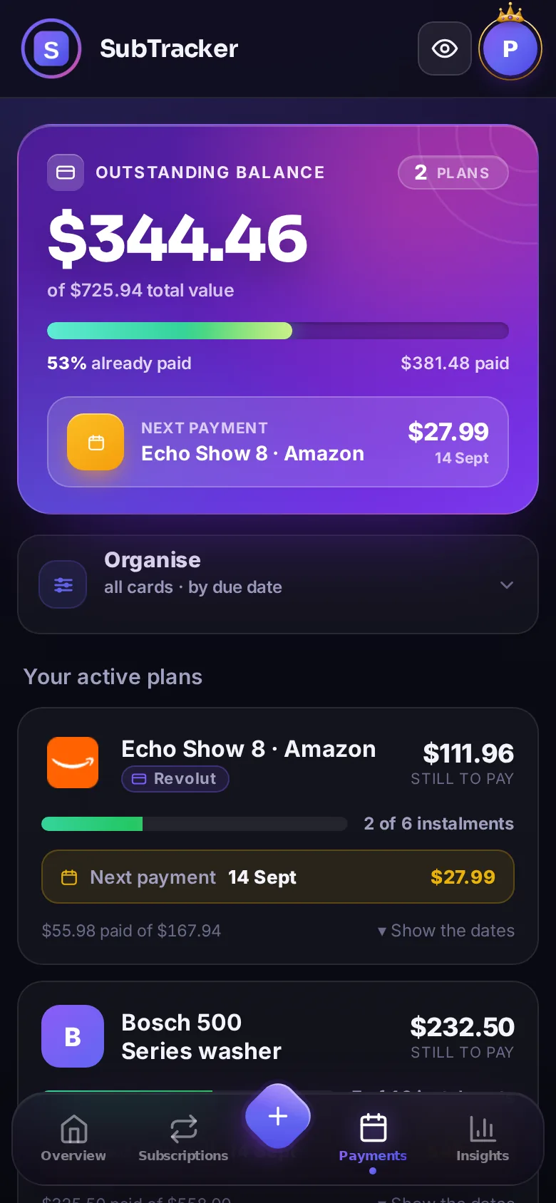 Instalments screen with the outstanding amount and the iPhone plan at 75%