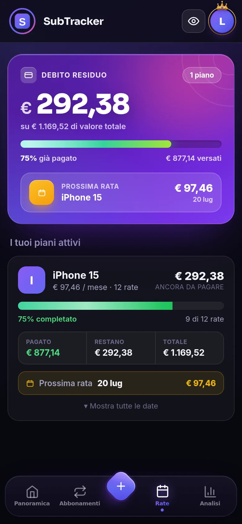 Schermata Rate con debito residuo e piano iPhone al 75%
